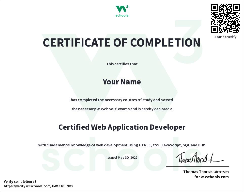 Certificate of completion preview for Web application development program