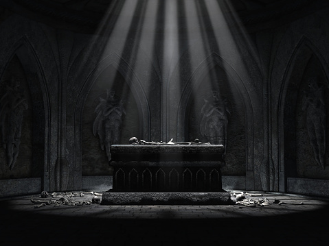 Old crypt with sculptures, an altar and skeletons lying on the floor. 3D render..jpg