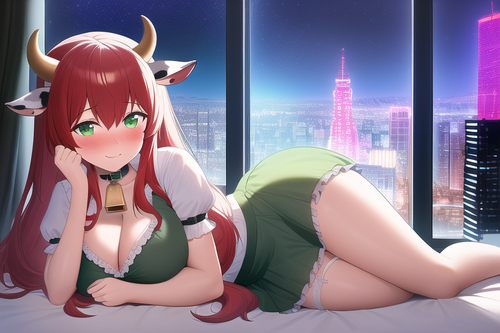 cyberpunk, window, city, stars, bed, lying, red hair, long hair, wavy hair, garter, cow ears, frilly.png