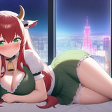 cyberpunk, window, city, stars, bed, lying, red hair, long hair, wavy hair, garter, cow ears, frilly
