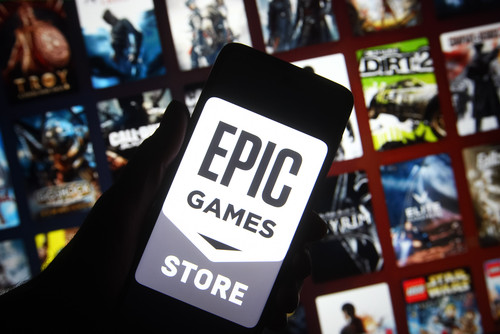 KIEV, UKRAINE - 2021/12/27: In this photo illustration, Epic Games logo of a video game and software.jpg