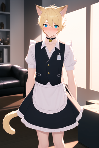 cyberpunk, living room, male, boy, cat boy, cat ears, cat tail, maid, blonde hair, very short hair, .png