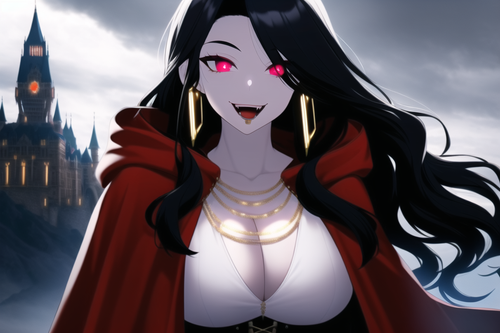 cyberpunk, castle, storm, windy, woman, vampire, cloak, fangs, cute, smile, hood, corset, long hair,.png