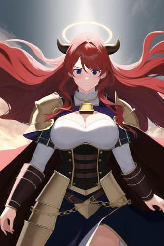cliff, readhead, red hair, long hair, wavy hair, large breasts, cowgirl, cow bell, cow ears, horns, .png