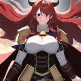 cliff, readhead, red hair, long hair, wavy hair, large breasts, cowgirl, cow bell, cow ears, horns, 