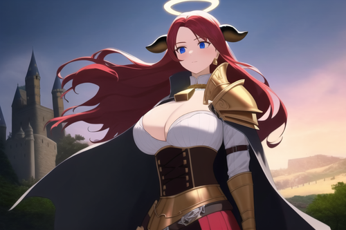 castle, forest, cliff, readhead, red hair, long hair, wavy hair, large breasts, cowgirl, cow bell, c