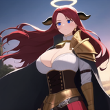 castle, forest, cliff, readhead, red hair, long hair, wavy hair, large breasts, cowgirl, cow bell, c