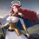 castle, mountain, forest, cliff, readhead, red hair, long hair, wavy hair, large breasts, cowgirl, c