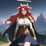 castle, mountain, forest, cliff, readhead, red hair, long hair, wavy hair, large breasts, cowgirl, c