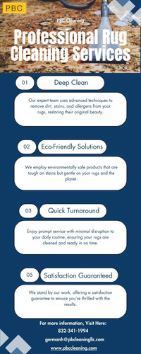 Experience top-quality care with PBC Cleaning’s professional rug cleaning services. Our skilled team uses advanced techniques to rejuvenate your rugs, removing dirt and stains effectively. Trust us for thorough and reliable rug cleaning that enhances the beauty and longevity of your carpets. Contact PBC Cleaning today for exceptional results and a cleaner home environment.

For more information, visit here: https://www.pbccleaning.com/service/oriental-rug-cleaning/ 

Email: germanh@pbcleaningllc.com
Address: 3551 Idlewood Lane, Johnstown, CO 80534, United States 
Phone no.: 832-341-1994