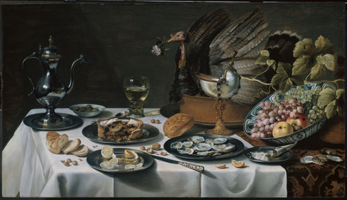 Claesz, Pieter Натюрморт с пирогом с индейкой, 1627, 75 cm x 132 cm, Дерево, масло
