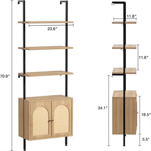 3 Tier Ladder Bookshelf with Rattan Cabinet%2C Wall Ladder Shelf with Cabinet%2C %28Oak%2C Ladder Bo.jpg