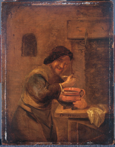 Boone, Daniel Улыбающийся крестьянин ест ложкой из горшка, 1698, 19,5 cm х 15 cm, Дерево, масло