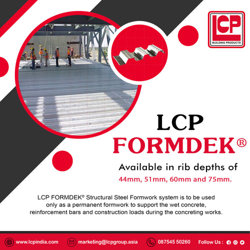 LCP FORMDEK®60, developed by LCP Building Products, is an innovative steel formwork system. With a crest height of 60 mm, it offers robust and dependable support for construction loads and wet concrete. This adaptable system seamlessly integrates with various structures, providing effective and consistent solutions to meet construction needs.

For More Information:-
Contact us: (+91) 87545 50260
Mail us: marketing@lcpgroup.asia
Visit Us: https://lcpindia.com/karnataka/decking-sheet-formdek-75