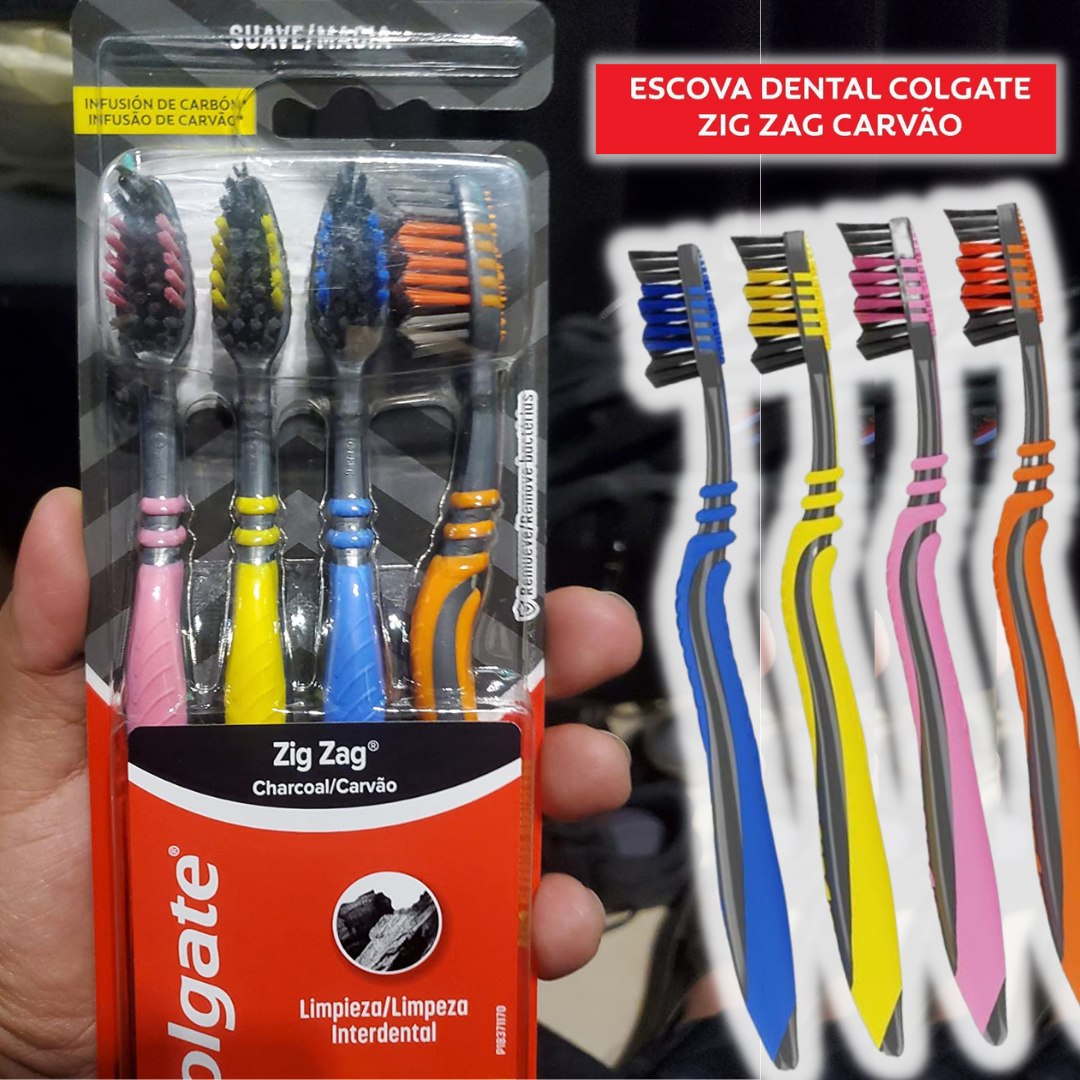 Colgate ZigZag Carvão – Escova Dental, 4 unidades