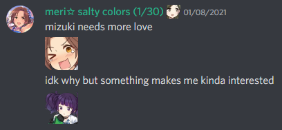 “mizuki needs more love” (mizuki wink emote) “idk why but something makes me interested” (mamimi thinking emote)
