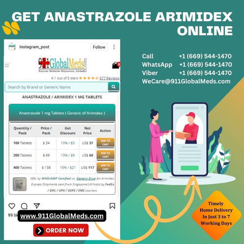https://www.911globalmeds.com/buy-anastrazole-arimidex-online

Order ARIMIDEX / Anastrazole health product online from a reputable store. Search for your product by trying some letters in search box, add it to your cart, and proceed to checkout. Upload prescription or send it via email or whatsApp, select a payment method like online bank wire / credit card, and finalize your order. Enjoy discreet delivery and effectively manage your health issue with this potent treatment.