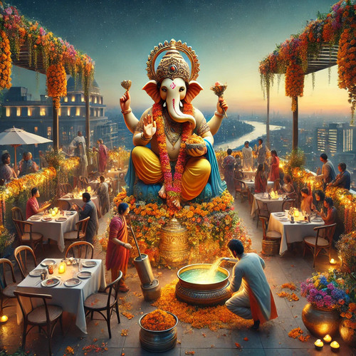 DALL E 2024 08 22 13 13 31 A poignant yet festive Ganesh Visarjan scene at a rooftop restaurant in D.jpg