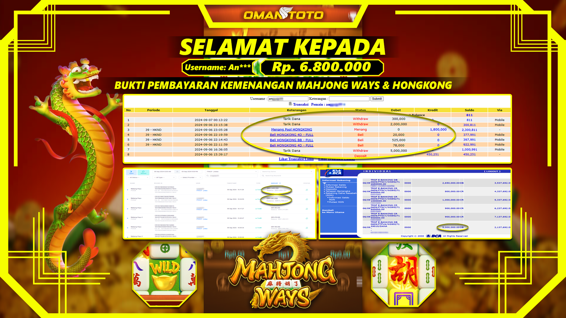 OMANTOTO JACKPOT SLOT MAHJONG WAYS & POOL HONGKONG Rp. 6.800.000,-
