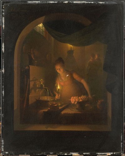 Meulemans, Adriaan Кухня освещённая свечой, 1817, 50 cm х 40 cm, Дерево, масло