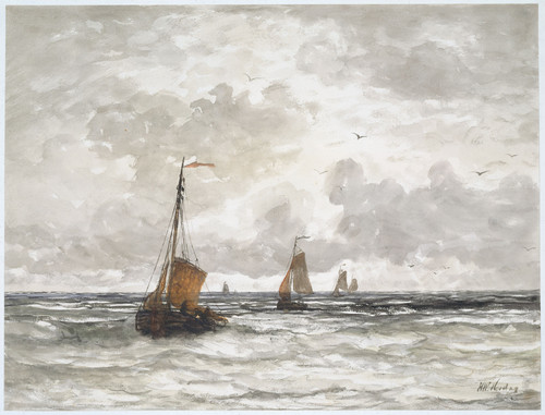 Mesdag, Hendrik Willem Рыбацкие лодки в море, 1915, 48 cm x 63,5 cm, Бумага, акварель