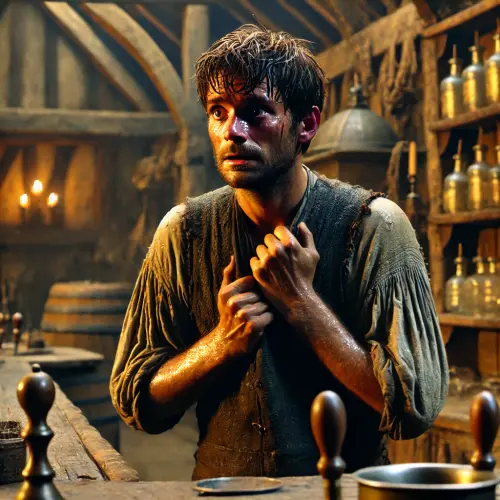 DALL·E 2024 09 08 15.39.47 A nervous human barkeeper named Bertis, standing behind a bar in a rustic.webp