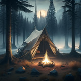 Firefly Dark fantasy art of camp during night with single little tent in the fog, with a little camp