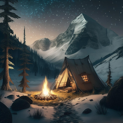 Firefly Dark fantasy art of camp during night with single little tent in the snow mountain, with a l.jpg