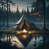 Firefly Dark fantasy art of camp during night with single little tent in the swamp, with a little ca
