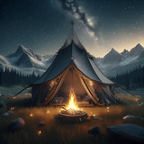 Firefly Dark fantasy art of camp during night with single little tent in the field, with a little ca