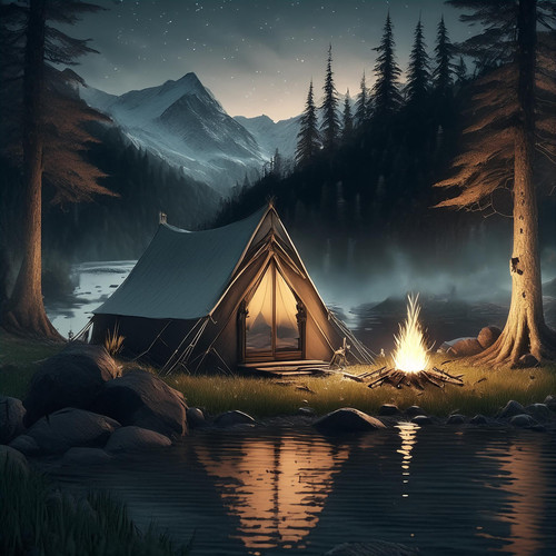Firefly Dark fantasy art of camp during night with single little tent near the river, with a little.jpg