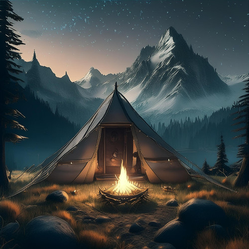 Firefly Dark fantasy art of camp during night with single little tent in the mountains, with a littl.jpg