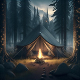 Firefly Dark fantasy art of camp during night with single little tent in the woods, with a little ca