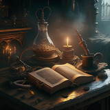 Firefly Dark fantasy art of table with ancient book in it and candle in the corner, pot, glass bottl