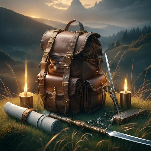 Firefly Dark fantasy art of hero`s brown color backpack with torch, scrolls, potions, sword and staf.jpg