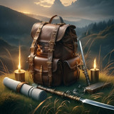 Firefly Dark fantasy art of hero`s brown color backpack with torch, scrolls, potions, sword and staf