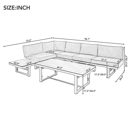 3 Piece Modern Multi Functional Outdoor Sectional Sofa Set with Height adjustable Seating and Coffee.jpg