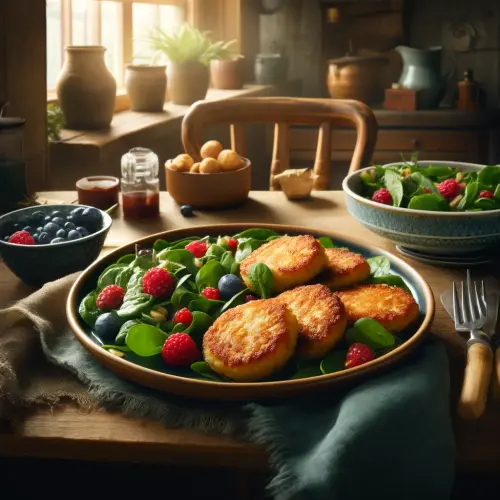 DALL·E 2024 06 12 08.15.20 A beautifully plated meal of vegan Gromperekichelcher (potato fritters) s.webp