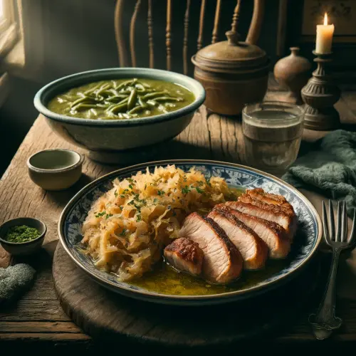 DALL·E 2024 06 12 07.57.12 A beautifully plated meal of Fierkelcher mat Sauerkraut (pork with sauerk.webp