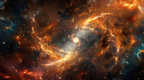 An abstract representation of cosmic transformation, with swirling nebulae and colliding galaxies gi.jpg