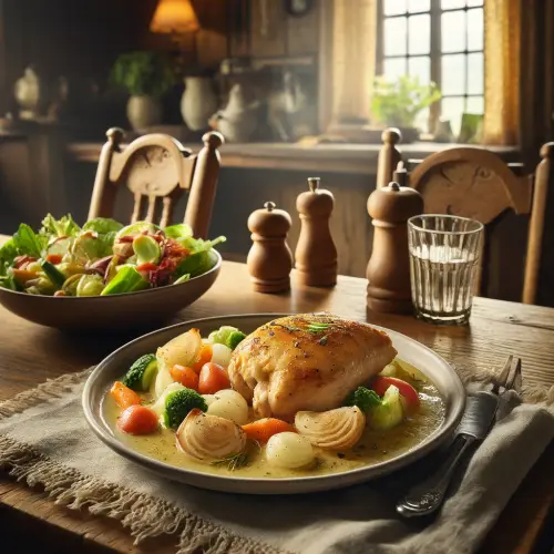 DALL·E 2024 06 12 08.35.50 A beautifully plated meal of Luxembourgish chicken in white wine sauce se.webp