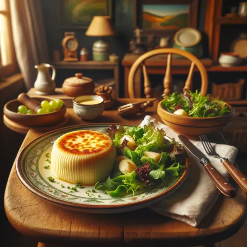 DALL·E 2024 06 12 09.42.17 A beautifully plated meal of Kachkéis or Cancoillotte (melted cheese) se.webp