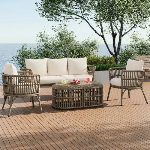 4 Piece Rattan Outdoor Patio Conversation Set with Seating Set for 5 and Coffee Table for Porch, Bac.webp