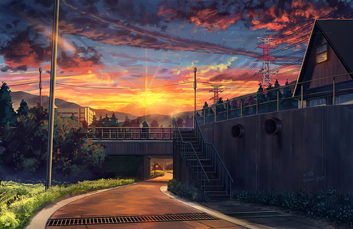 HD wallpaper anime sunset landscape scenic clouds anime.png