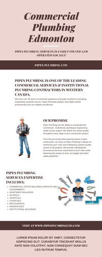 Pipes Plumbing LTD is one of the best companies for having Commercial Plumbing Edmonton at affordable prices. The entire team of plumbers has 15+ years of experience in plumbing. We provide individualized Commercial Services customized to each client while delivering the project on-time, on-budget, and within safety guidelines. Call now at 780-699-3283 or visit at https://pipesplumbingltd.com/commercial-plumbing/