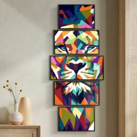 Kit 5 Quadros Decorativos Leão Mosaico Art.jpg
