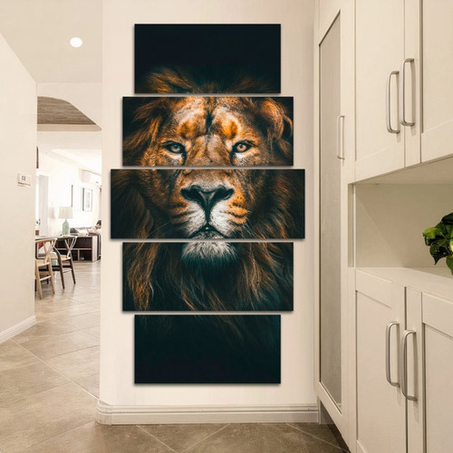 Quadros Decoração 5 Peças Para Sala Quarto Leão Rei Majestoso Hd.jpg