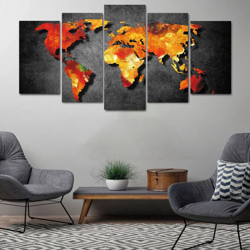 Quadros Decoração 5 Peças Para Sala Quarto Mapa Mundi Black Orange Luxo.jpg