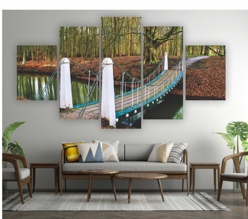 Quadros Decoração 5 Peças Para Sala Quarto Paisagem Flores Ponte Sob Água.jpg