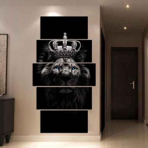Quadros Decoração 5 Peças Para Sala Quarto Leão Black Moderno Hd.jpg